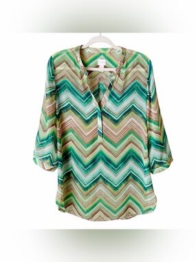Chico’s | Sheer Watercolor Chevron Tunic Top V-neck Sequins Green Tan Size 1